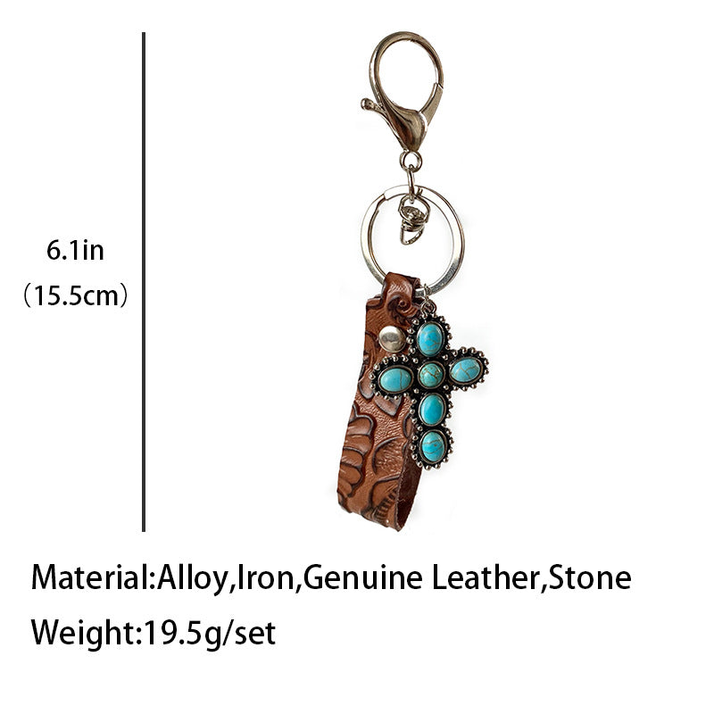 Wholesale 2pcs Vintage Embossed Cowhide Western Style Turquoise Pumpkin Flower Textured Cowhide Keychains